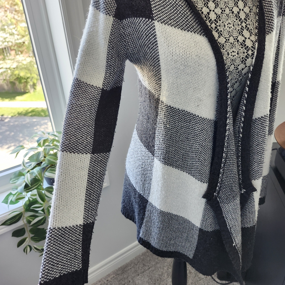 Checkered Cardigan Plaid Wool Open Front Sweater Black White Gray 90s Cozy